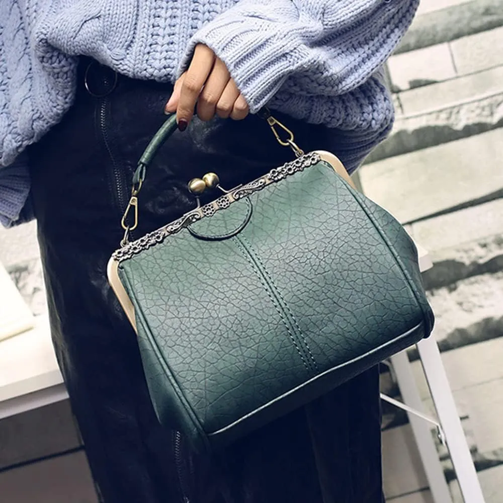 Women's Retro Handbag Kiss Lock Shoulder Purse PU Leather Tote Satchel with Lace