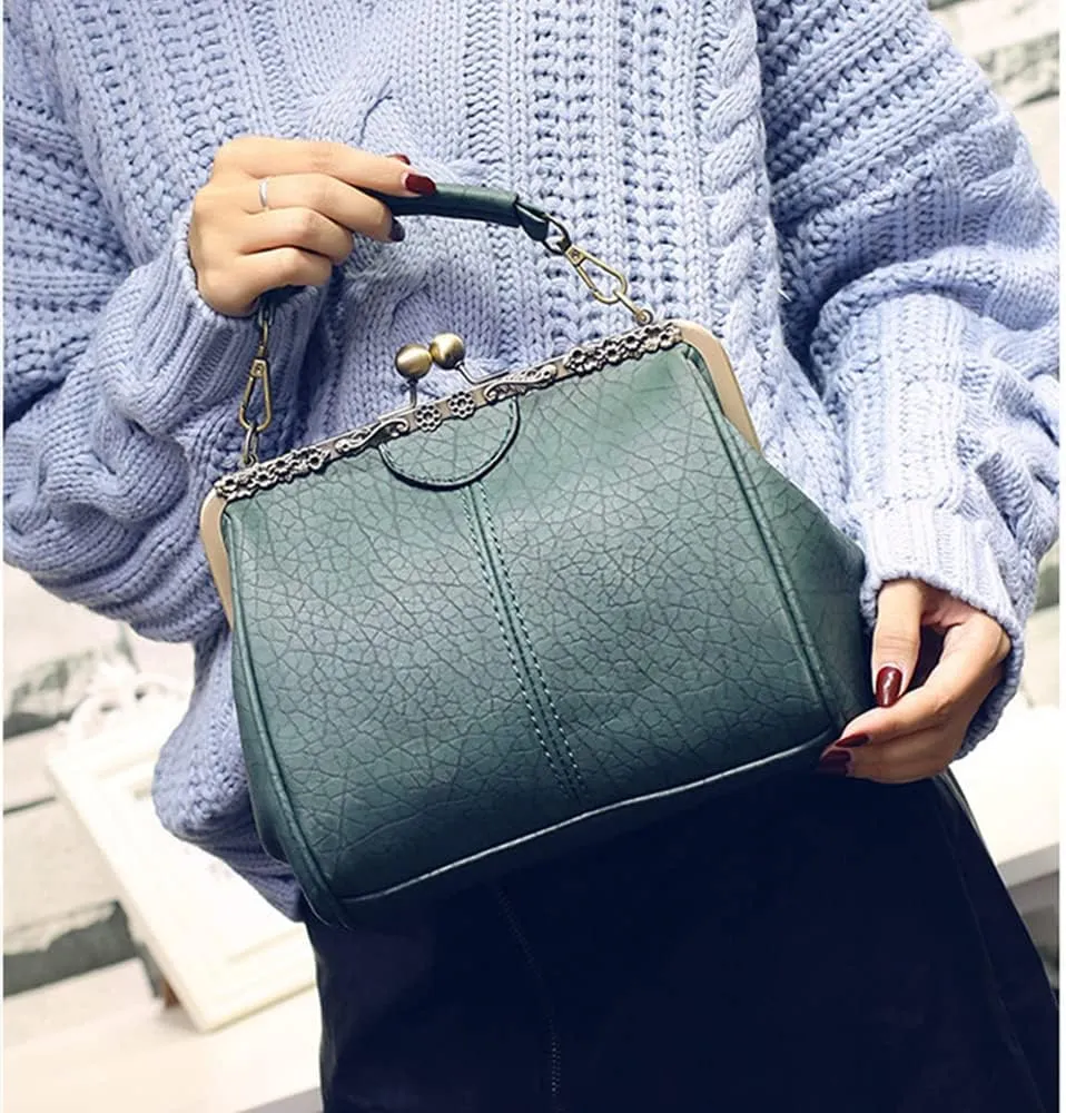 Women's Retro Handbag Kiss Lock Shoulder Purse PU Leather Tote Satchel with Lace