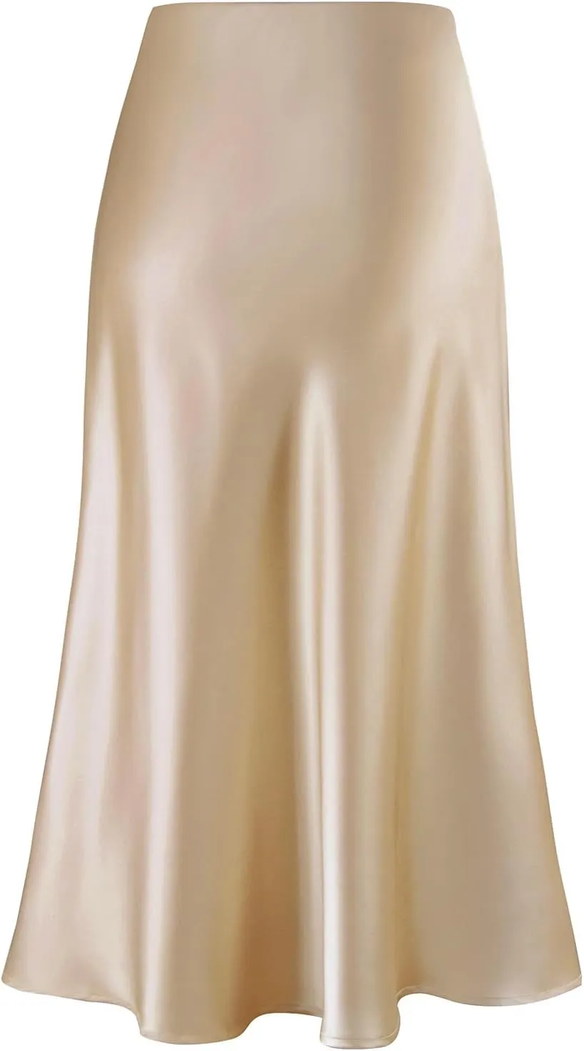 Women's Satin High Waist Hidden Elasticized Waistband Flared Casual A Line Midi Skirt