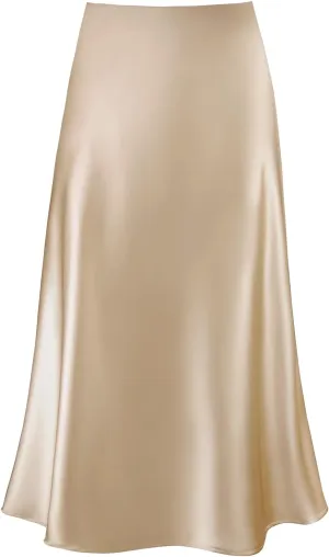 Women's Satin High Waist Hidden Elasticized Waistband Flared Casual A Line Midi Skirt