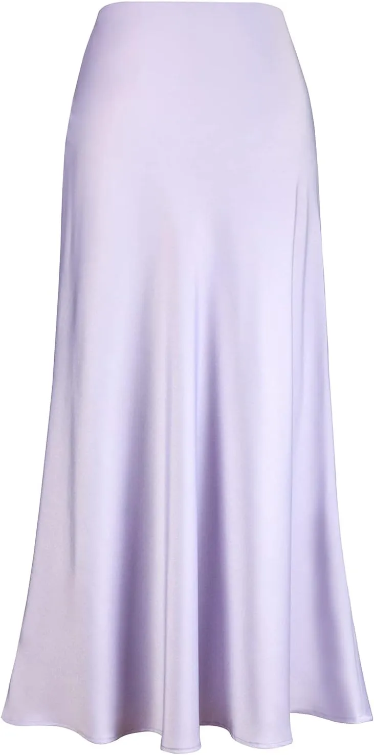 Women's Satin High Waisted Maxi Skirts Hidden Elasticized Waistband A Line Long Skirt
