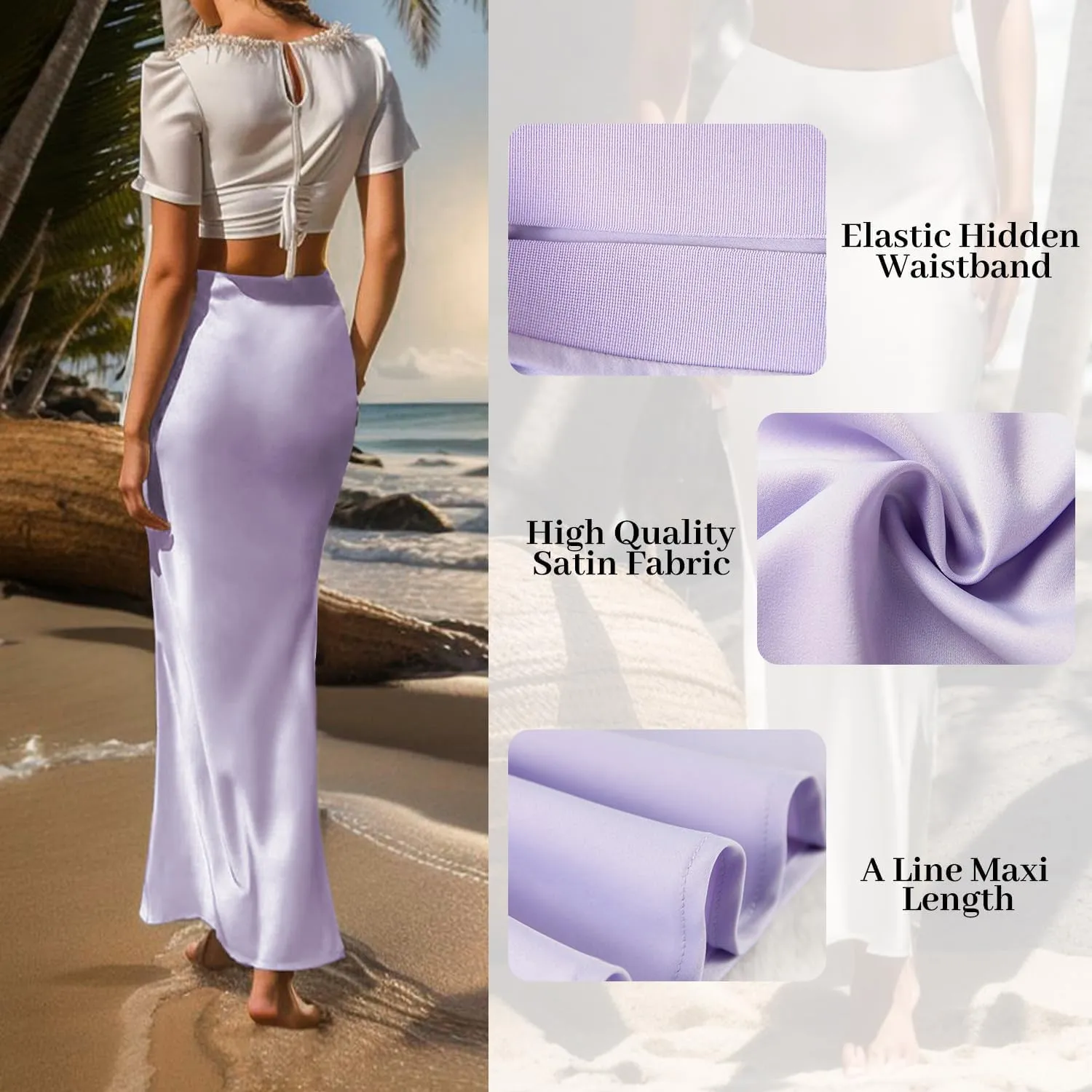 Women's Satin High Waisted Maxi Skirts Hidden Elasticized Waistband A Line Long Skirt