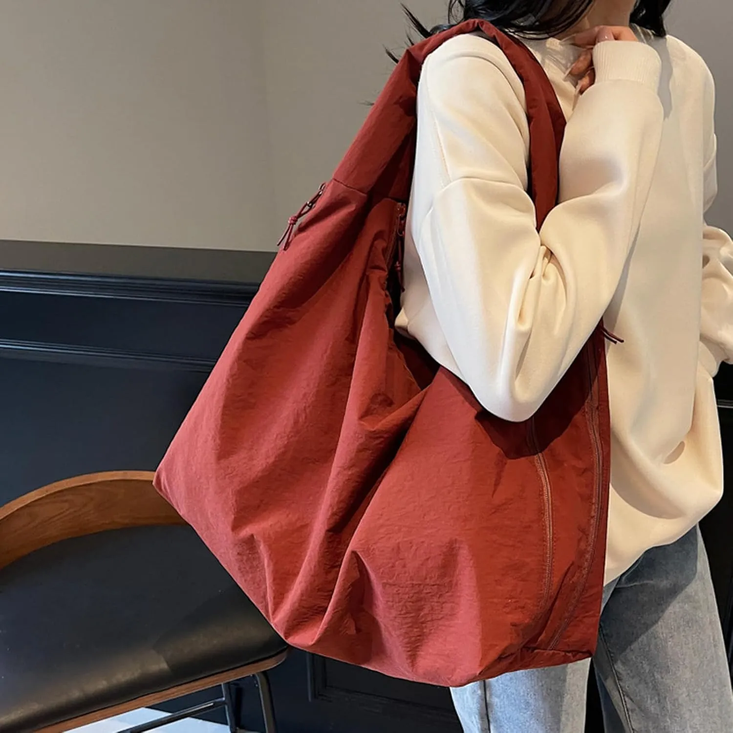 Women's Solid Color Textured Draped Tote Bag, New Large Capacity Minimalist Versatile Shoulder Bag