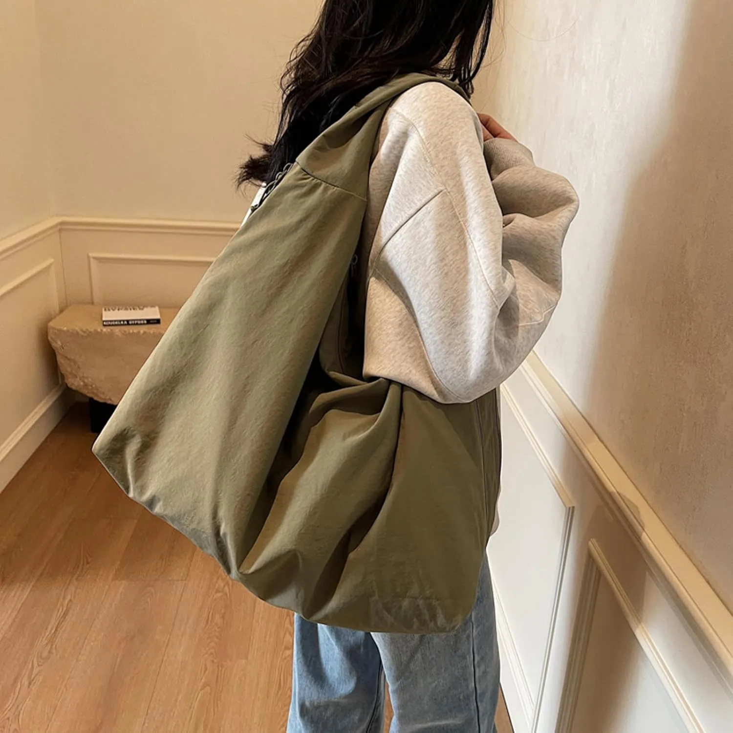 Women's Solid Color Textured Draped Tote Bag, New Large Capacity Minimalist Versatile Shoulder Bag