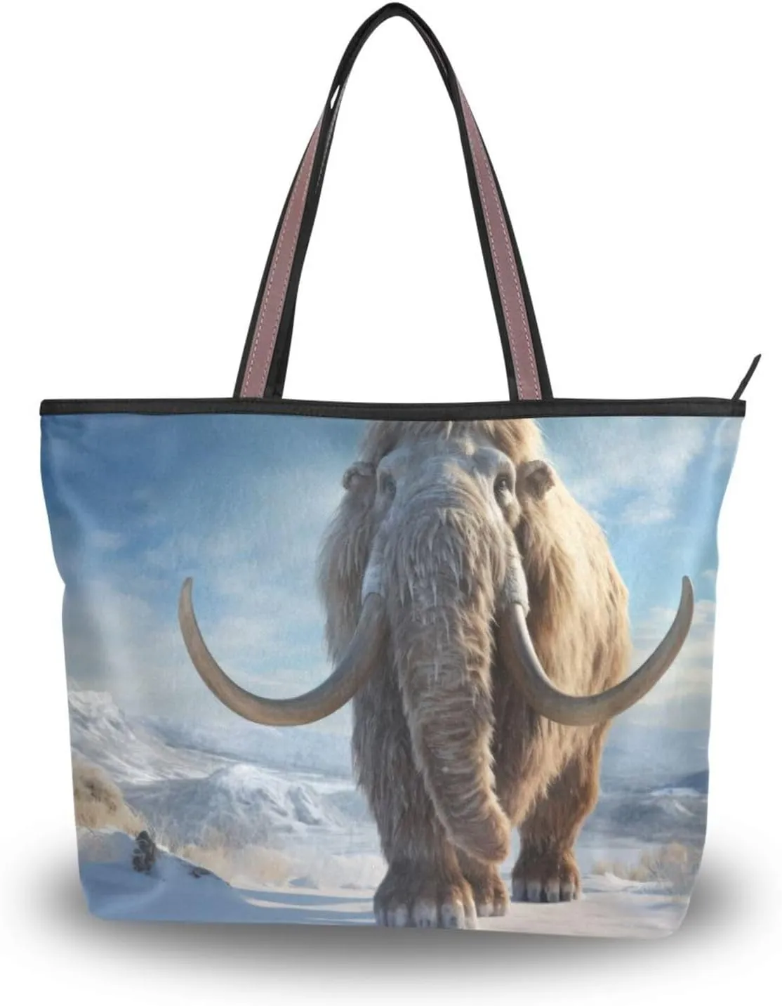 Women's Tote Bag-Mammoth Ice Field Print, Cloth Zipper Shoulder Bag Handbag Reusable Grocery Bag