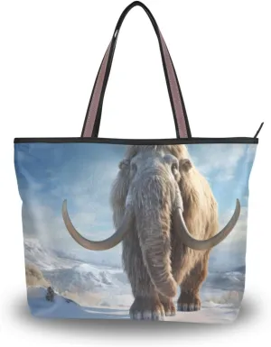 Women's Tote Bag-Mammoth Ice Field Print, Cloth Zipper Shoulder Bag Handbag Reusable Grocery Bag
