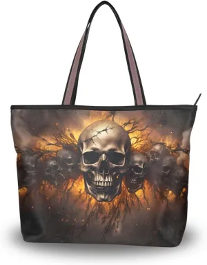 Women's Tote Bag-Skulls in Row Print, Cloth Zipper Shoulder Bag Handbag Reusable Grocery Bag