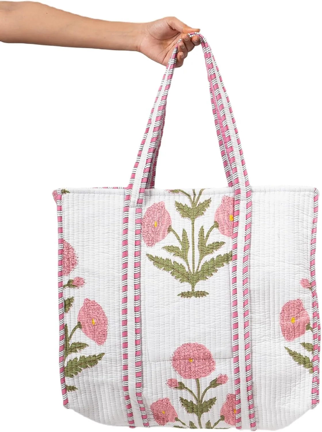 Women's Unique Quilted Large Cotton Fabric Tote Bag Travel Grocery Shopping Weekend Trips with Inside Pocket