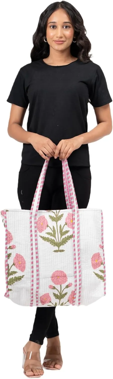 Women's Unique Quilted Large Cotton Fabric Tote Bag Travel Grocery Shopping Weekend Trips with Inside Pocket