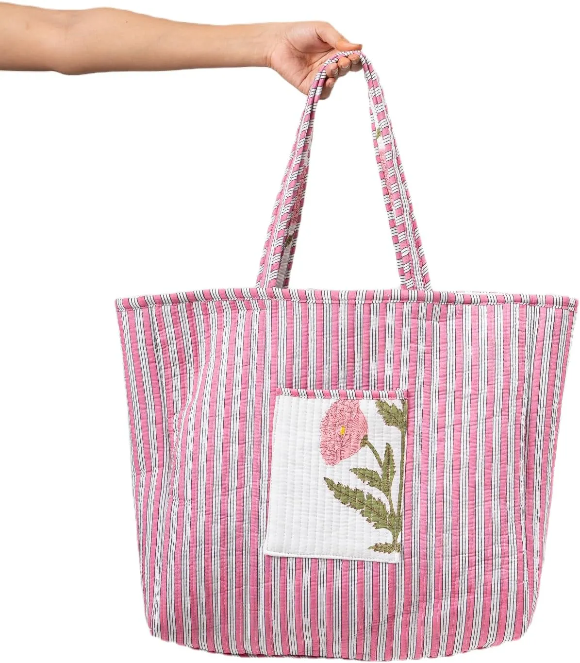 Women's Unique Quilted Large Cotton Fabric Tote Bag Travel Grocery Shopping Weekend Trips with Inside Pocket