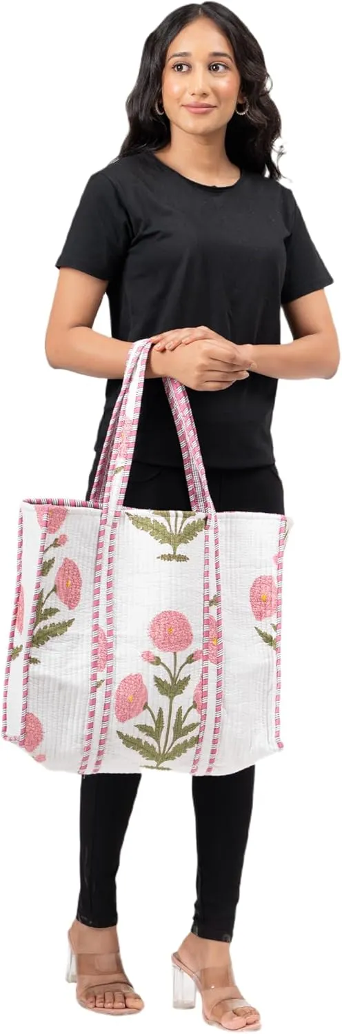 Women's Unique Quilted Large Cotton Fabric Tote Bag Travel Grocery Shopping Weekend Trips with Inside Pocket