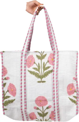 Women's Unique Quilted Large Cotton Fabric Tote Bag Travel Grocery Shopping Weekend Trips with Inside Pocket