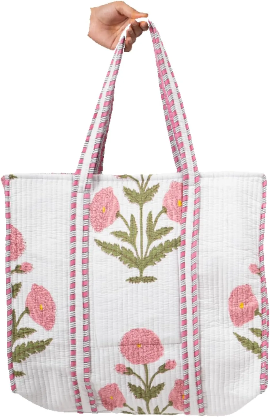 Women's Unique Quilted Large Cotton Fabric Tote Bag Travel Grocery Shopping Weekend Trips with Inside Pocket
