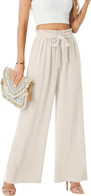 Womens Wide Leg Pants High Waist Flowy Adjustable Knot Loose Trousers Casuals Lounge Business Pants with Pockets