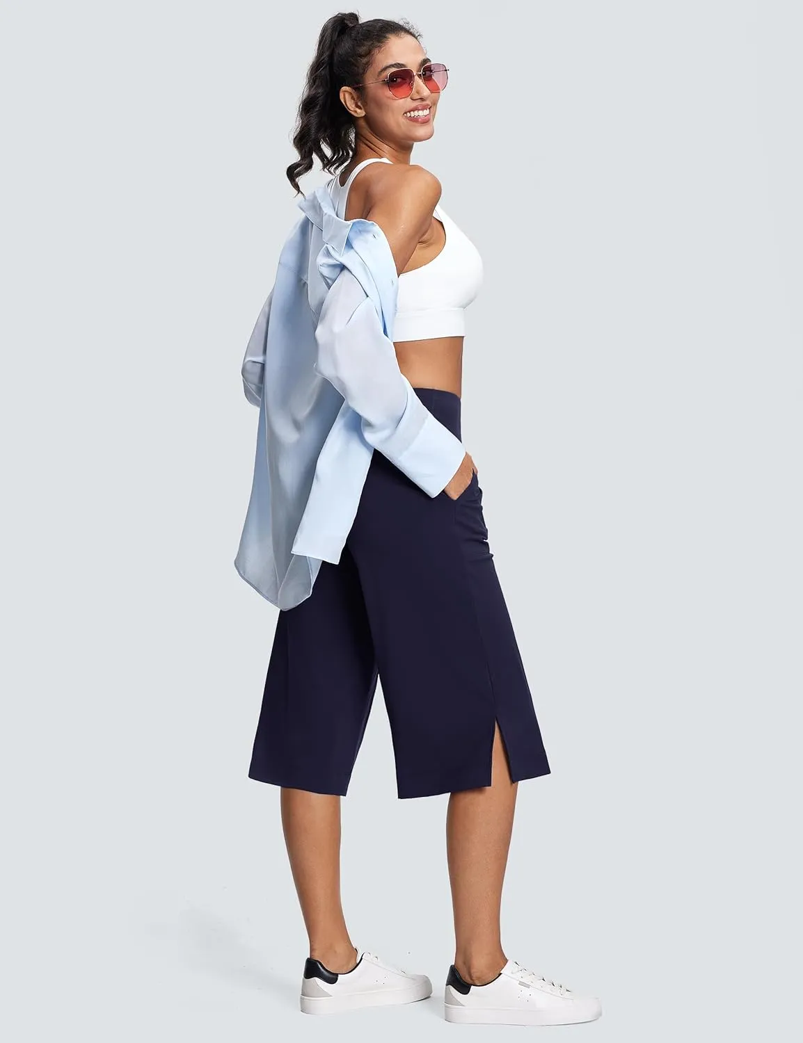 Women's Wide Leg Yoga Capris High Waist Loose Fit Dress Pants with Pockets Casual Lounge Capri Pants for Women