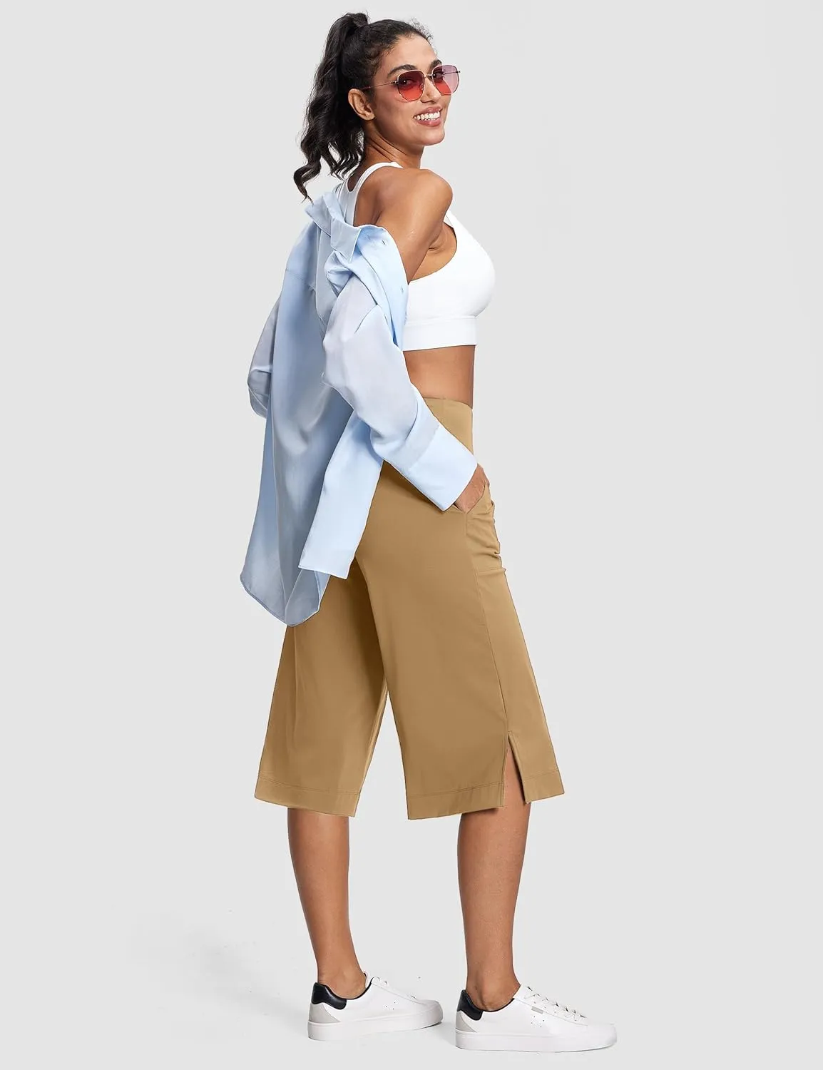 Women's Wide Leg Yoga Capris High Waist Loose Fit Dress Pants with Pockets Casual Lounge Capri Pants for Women