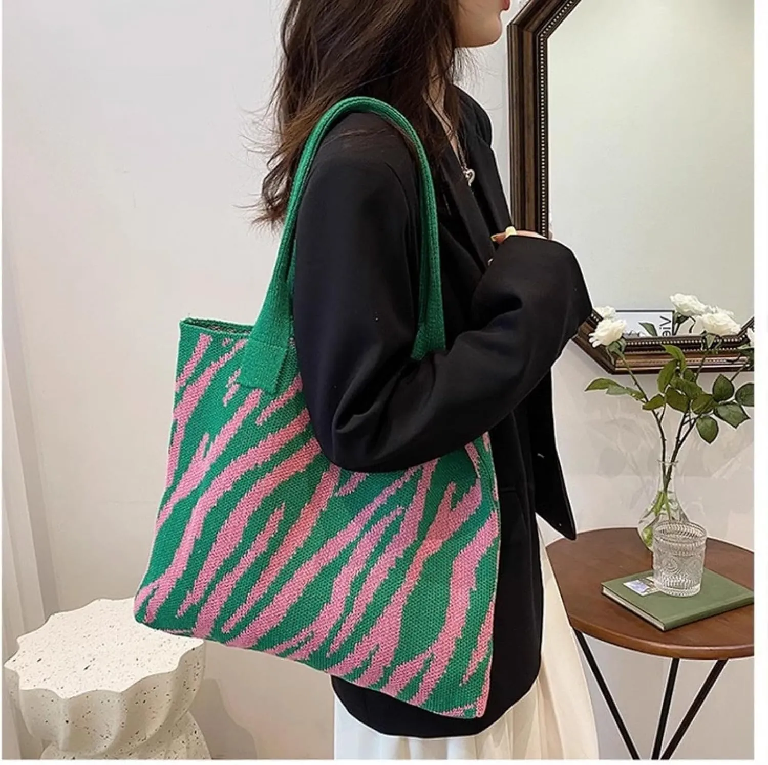 Women's Zebra-Stripe Knitted Tote Bag, Large Capacity Shoulder Bag, Trendy Zebra Print Woven Handbag