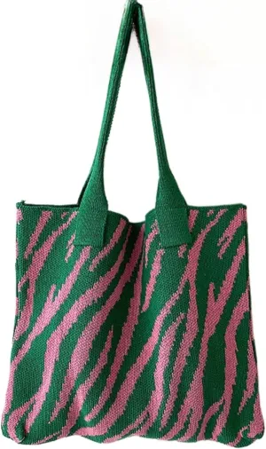 Women's Zebra-Stripe Knitted Tote Bag, Large Capacity Shoulder Bag, Trendy Zebra Print Woven Handbag