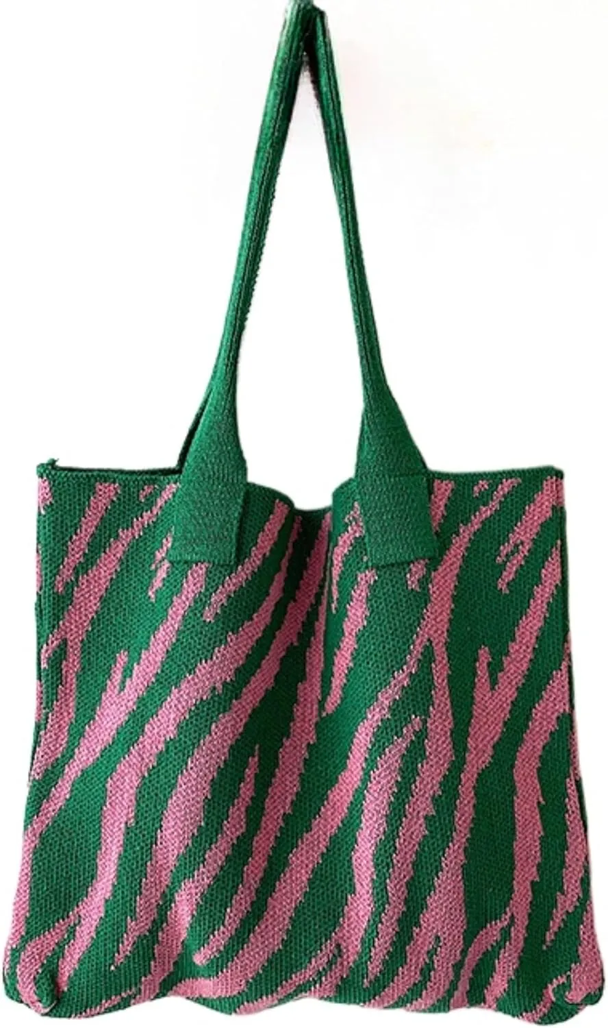 Women's Zebra-Stripe Knitted Tote Bag, Large Capacity Shoulder Bag, Trendy Zebra Print Woven Handbag