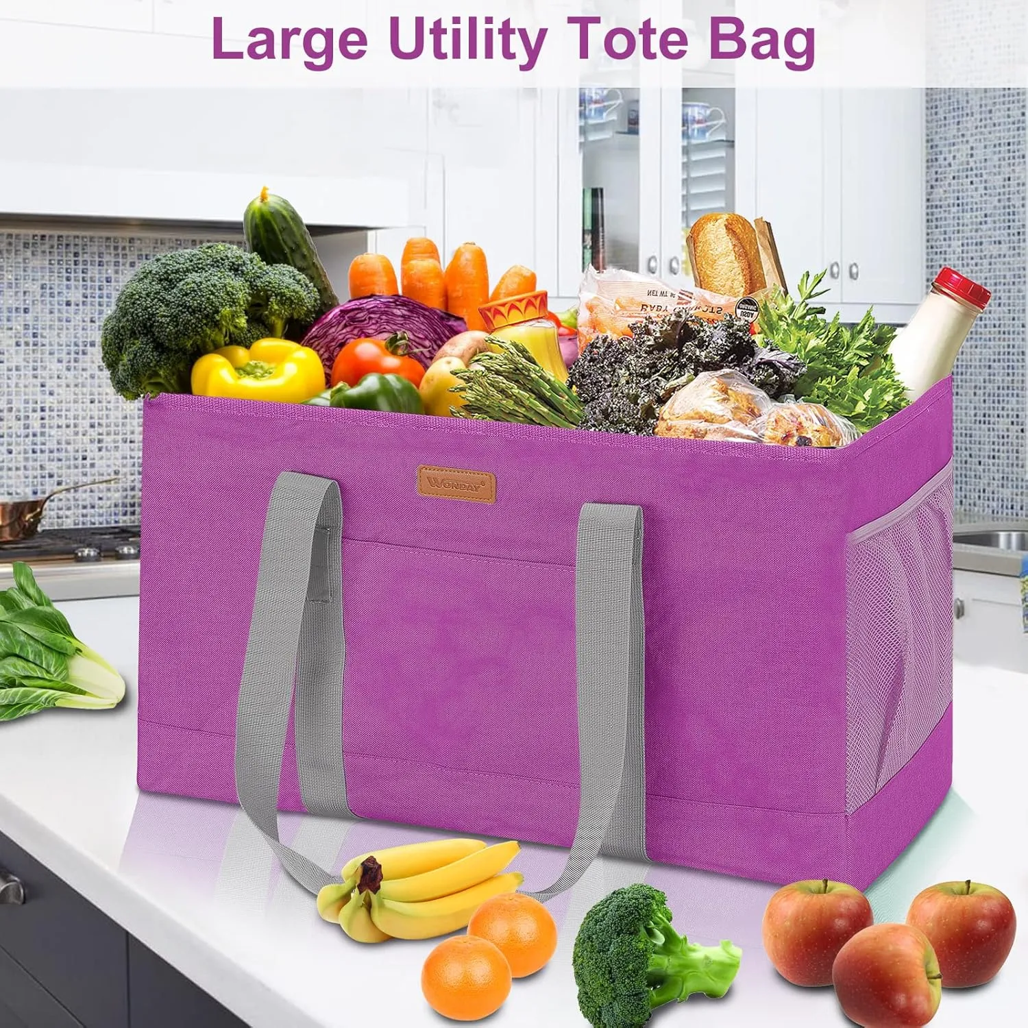 WONDAY Reusable Grocery Bags, Extra Large Utility Tote Bag for Women, Foldable Large Tote Bag Shopping Bags for Groceries, Storage, Picnic, Beach, Pool (RoseRed)