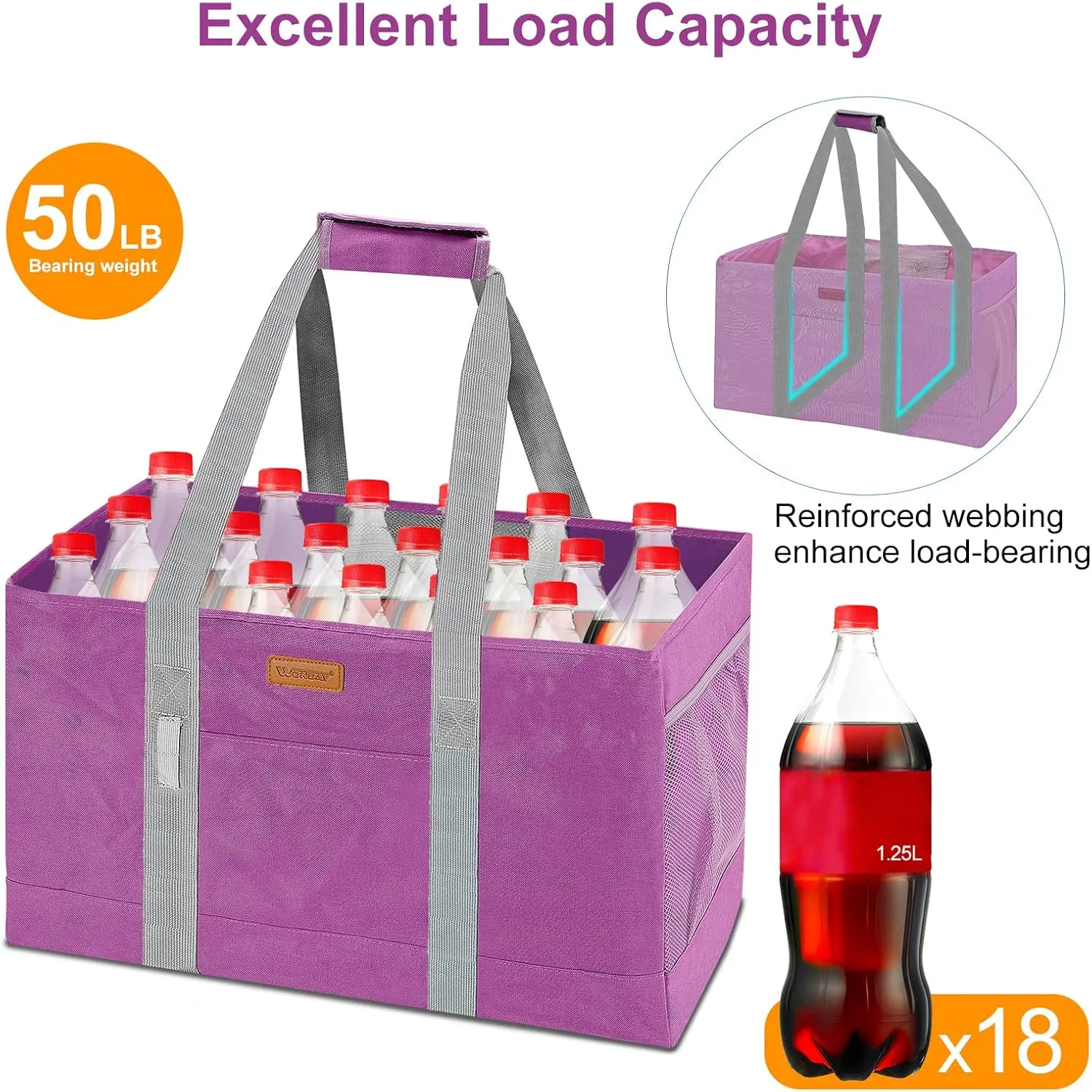WONDAY Reusable Grocery Bags, Extra Large Utility Tote Bag for Women, Foldable Large Tote Bag Shopping Bags for Groceries, Storage, Picnic, Beach, Pool (RoseRed)