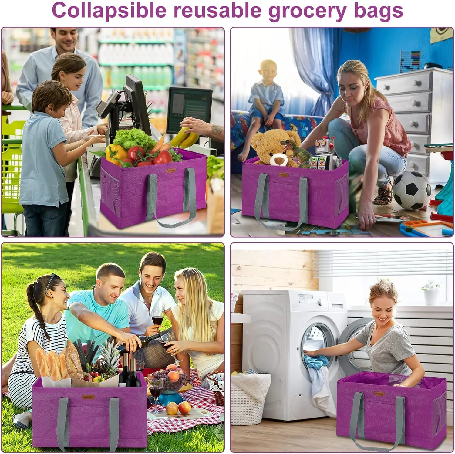 WONDAY Reusable Grocery Bags, Extra Large Utility Tote Bag for Women, Foldable Large Tote Bag Shopping Bags for Groceries, Storage, Picnic, Beach, Pool (RoseRed)