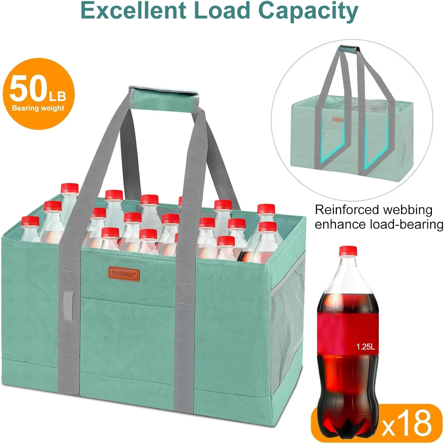 WONDAY Utility Tote, Extra Large Utility Tote Bag, Reusable Grocery Bags Foldable, Large Tote Bag With Handles Shopping Bags for Groceries, Picnic, Beach, Laundry (Green)