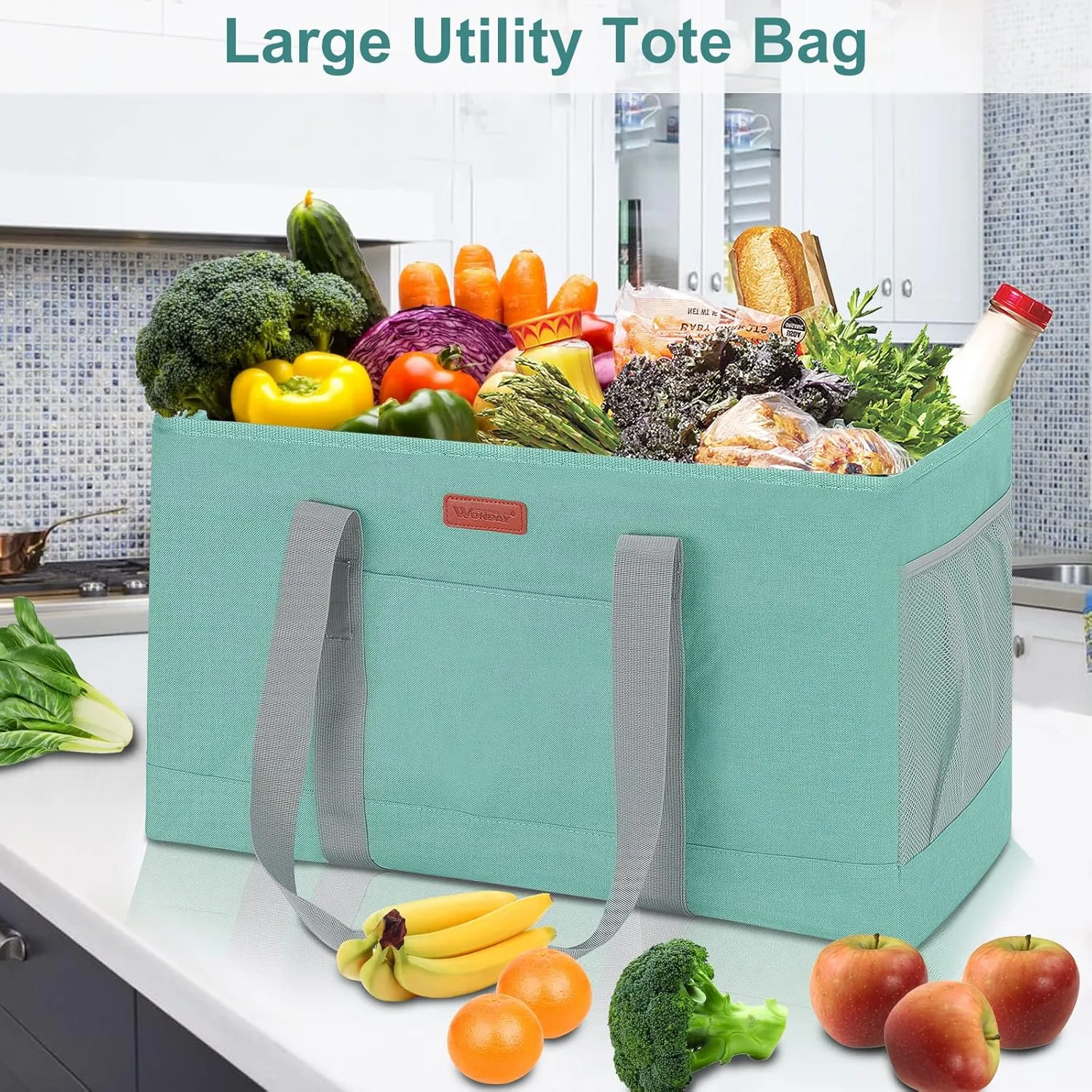 WONDAY Utility Tote, Extra Large Utility Tote Bag, Reusable Grocery Bags Foldable, Large Tote Bag With Handles Shopping Bags for Groceries, Picnic, Beach, Laundry (Green)