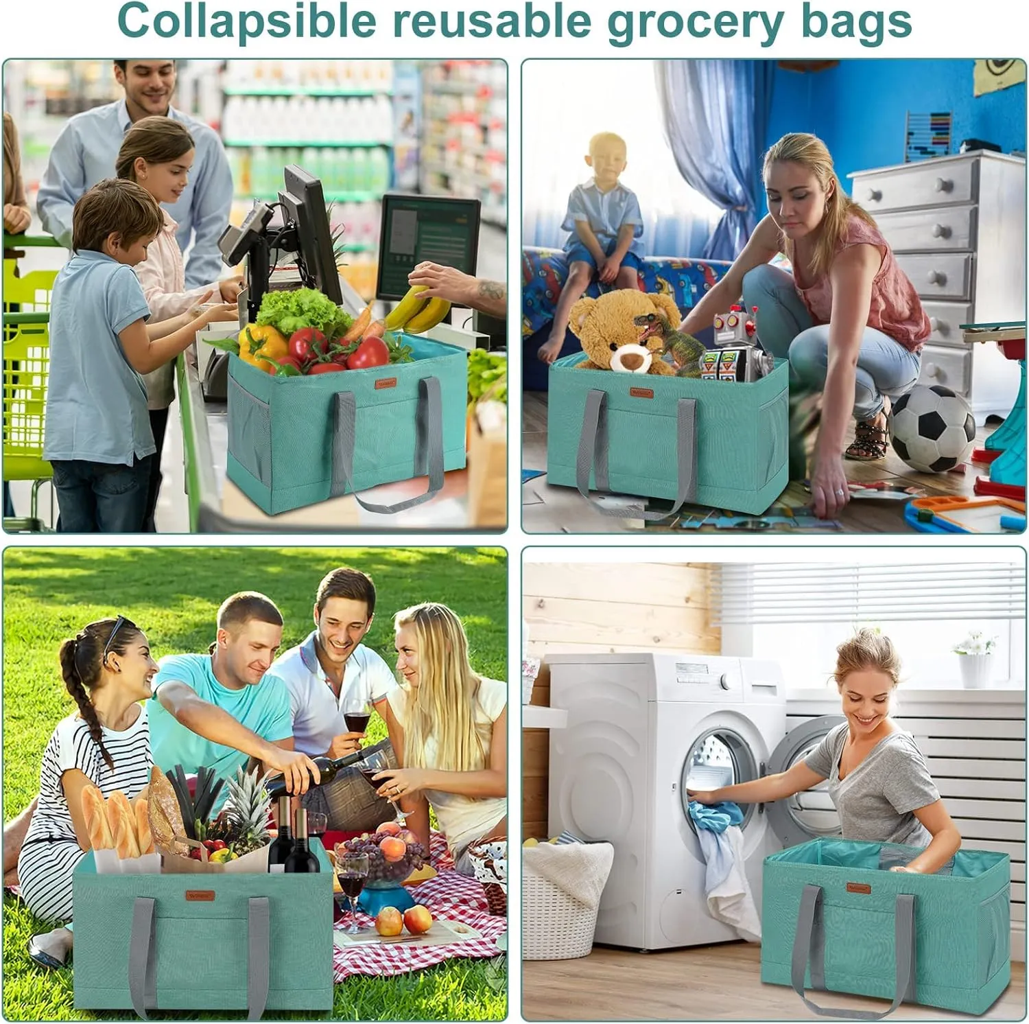 WONDAY Utility Tote, Extra Large Utility Tote Bag, Reusable Grocery Bags Foldable, Large Tote Bag With Handles Shopping Bags for Groceries, Picnic, Beach, Laundry (Green)