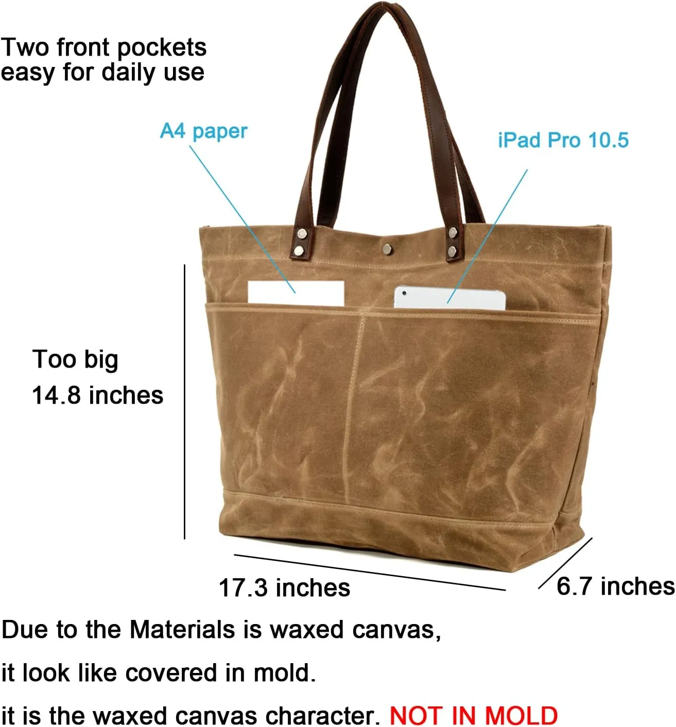 WUDON Waxed Canvas Travel Tote Bag - Extra Large Carryall Shoulder Bag for Women