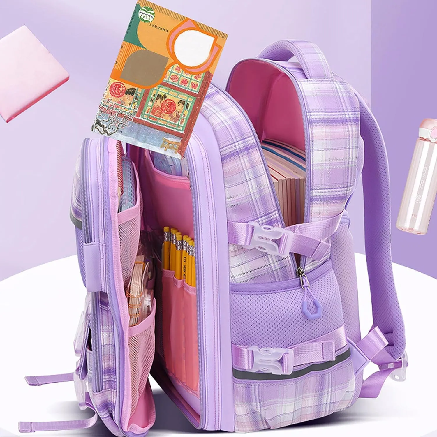 WYCY School Backpacks for Girls Kawaii Backpack Large Capacity Kids School Bag for Girls 6-12 Years Old (plaid purple)