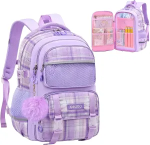 WYCY School Backpacks for Girls Kawaii Backpack Large Capacity Kids School Bag for Girls 6-12 Years Old (plaid purple)