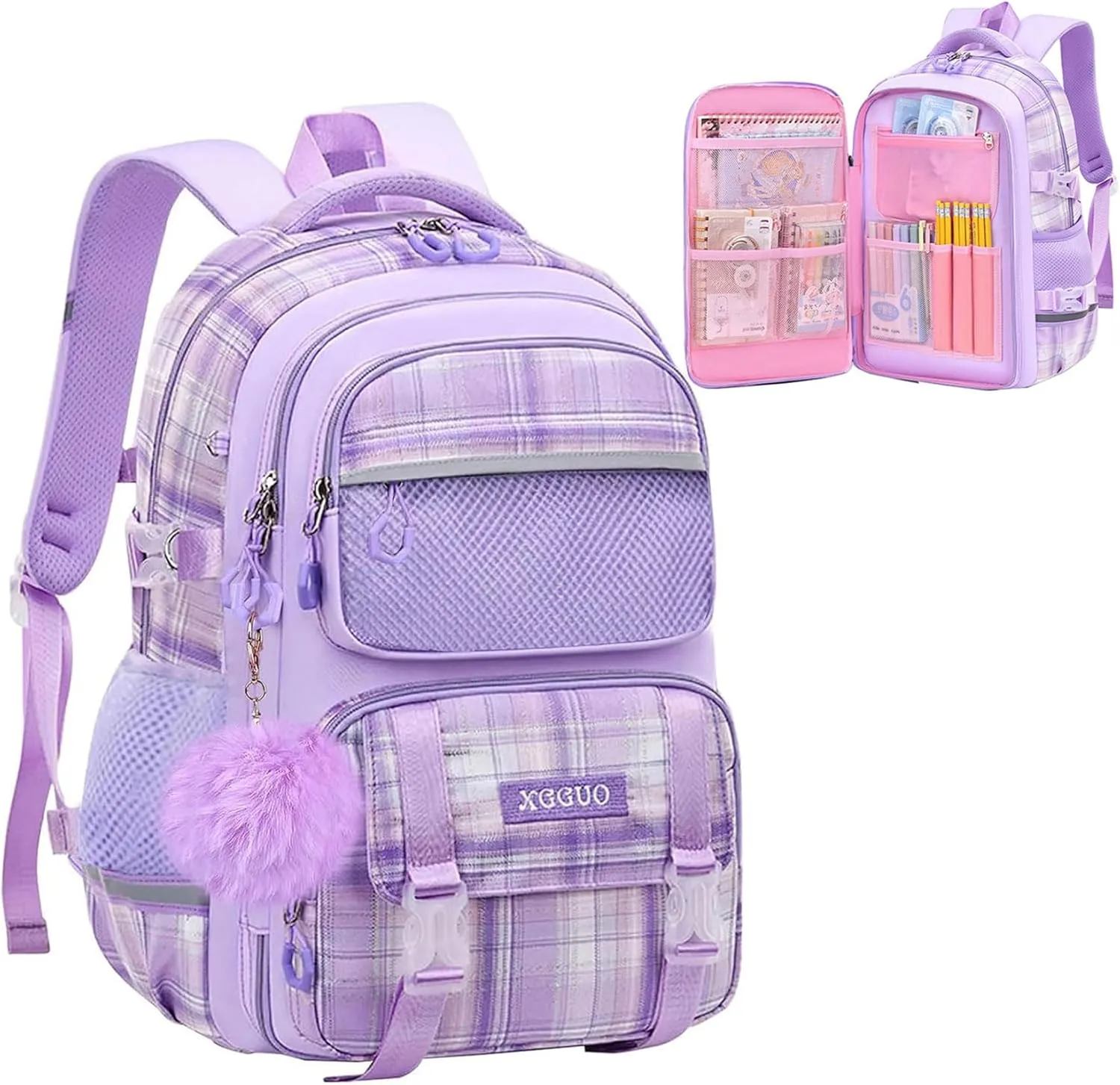WYCY School Backpacks for Girls Kawaii Backpack Large Capacity Kids School Bag for Girls 6-12 Years Old (plaid purple)