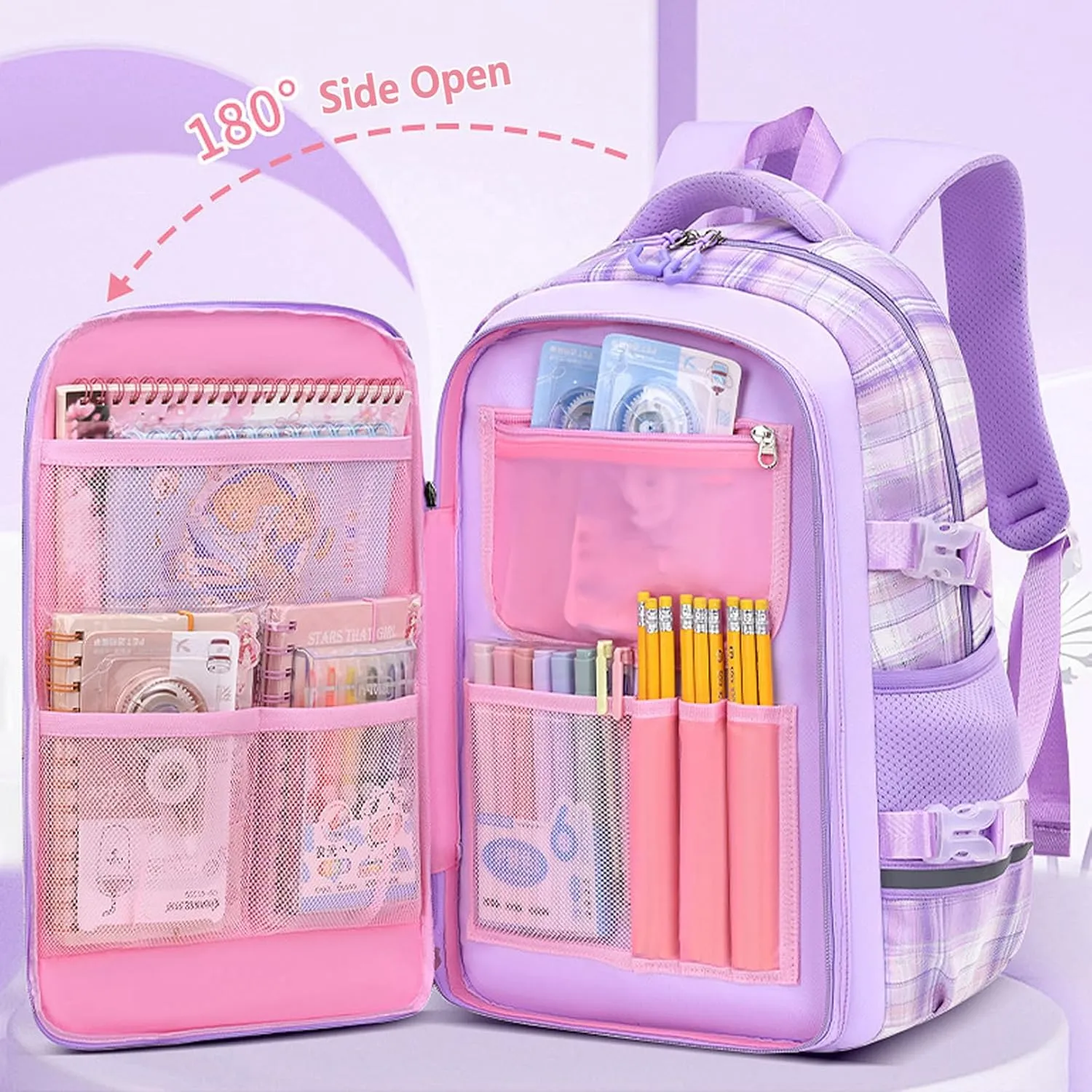 WYCY School Backpacks for Girls Kawaii Backpack Large Capacity Kids School Bag for Girls 6-12 Years Old (plaid purple)
