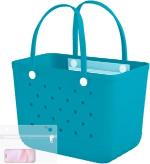 X-Large Rubber Beach Bag Tote Waterproof Tote Bag with Zipper Pocket Modern Travel Tote Bag Sports Beach (Lake Blue, X-Large)