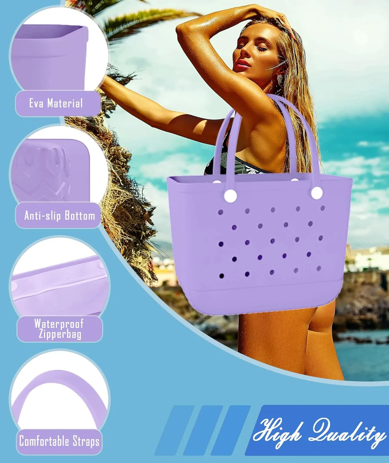 X-Large Rubber Beach Bag Tote Waterproof Tote Bag with Zipper Pocket Modern Travel Tote Bag Sports Beach