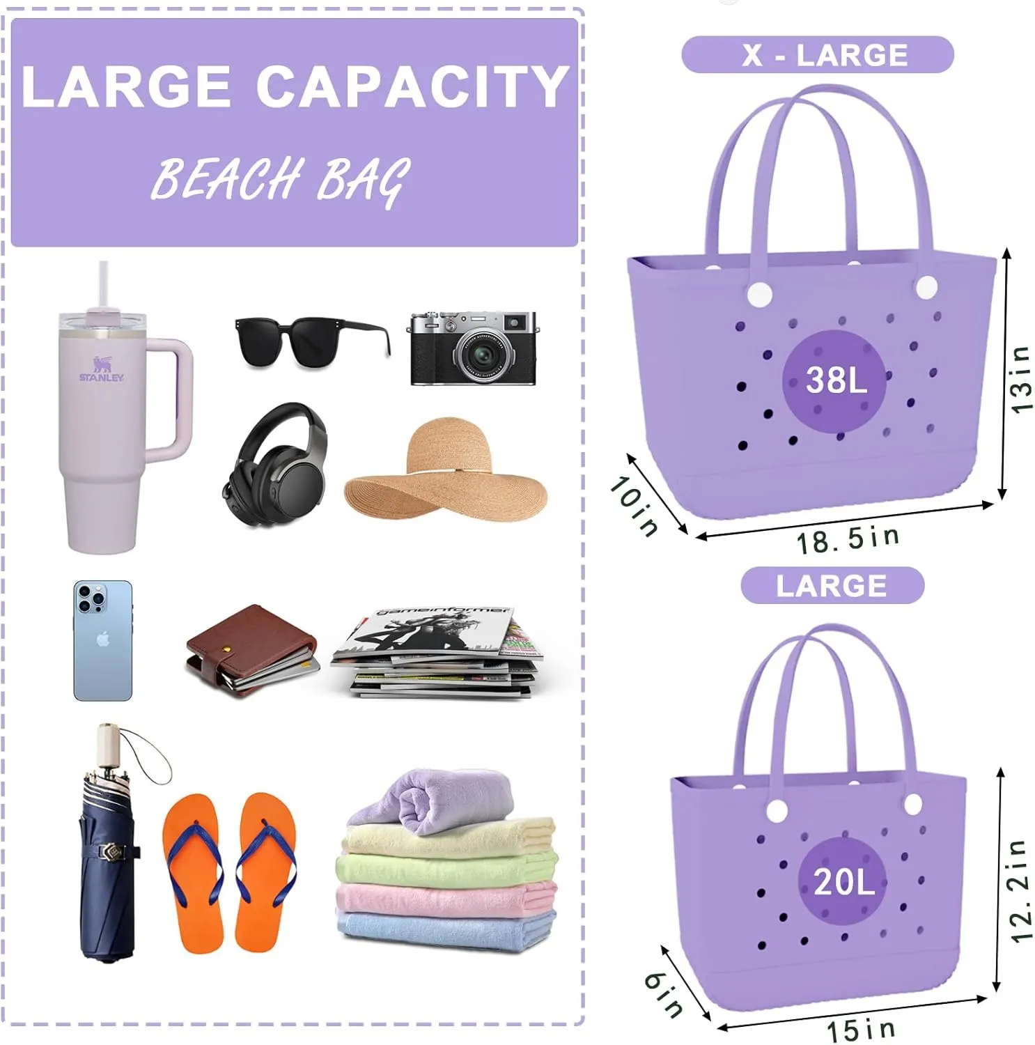 X-Large Rubber Beach Bag Tote Waterproof Tote Bag with Zipper Pocket Modern Travel Tote Bag Sports Beach