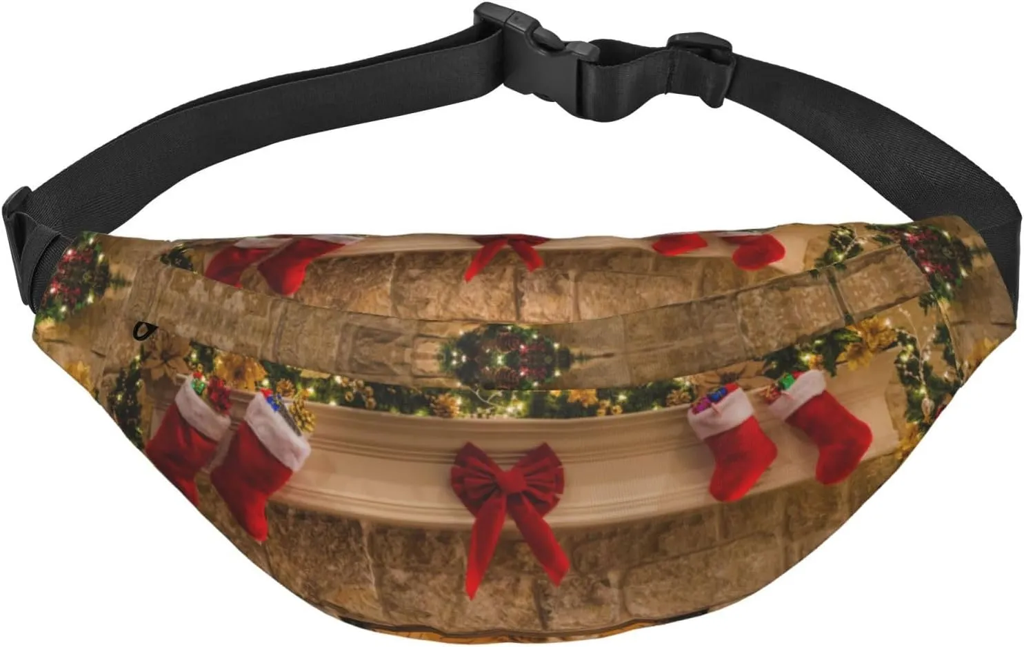 Xmas Eve Fireplace Gifts Printed Fanny Pack Belt Bag Waist Bag With 3-Zipper Pockets Adjustable Crossbody For Sports Running Travel