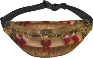 Xmas Eve Fireplace Gifts Printed Fanny Pack Belt Bag Waist Bag With 3-Zipper Pockets Adjustable Crossbody For Sports Running Travel