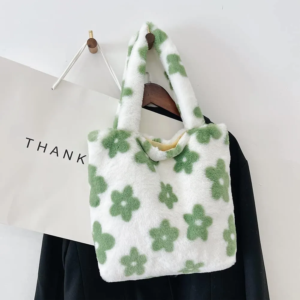Y2K Plush Underarm Bag, Ladies Fluffy Shoulder Bag, Women Furry Flower Tote for Autumn and Winter