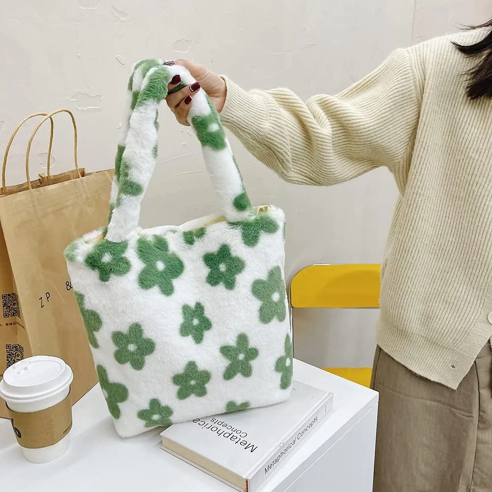 Y2K Plush Underarm Bag, Ladies Fluffy Shoulder Bag, Women Furry Flower Tote for Autumn and Winter