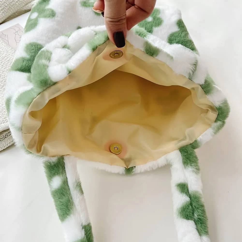 Y2K Plush Underarm Bag, Ladies Fluffy Shoulder Bag, Women Furry Flower Tote for Autumn and Winter