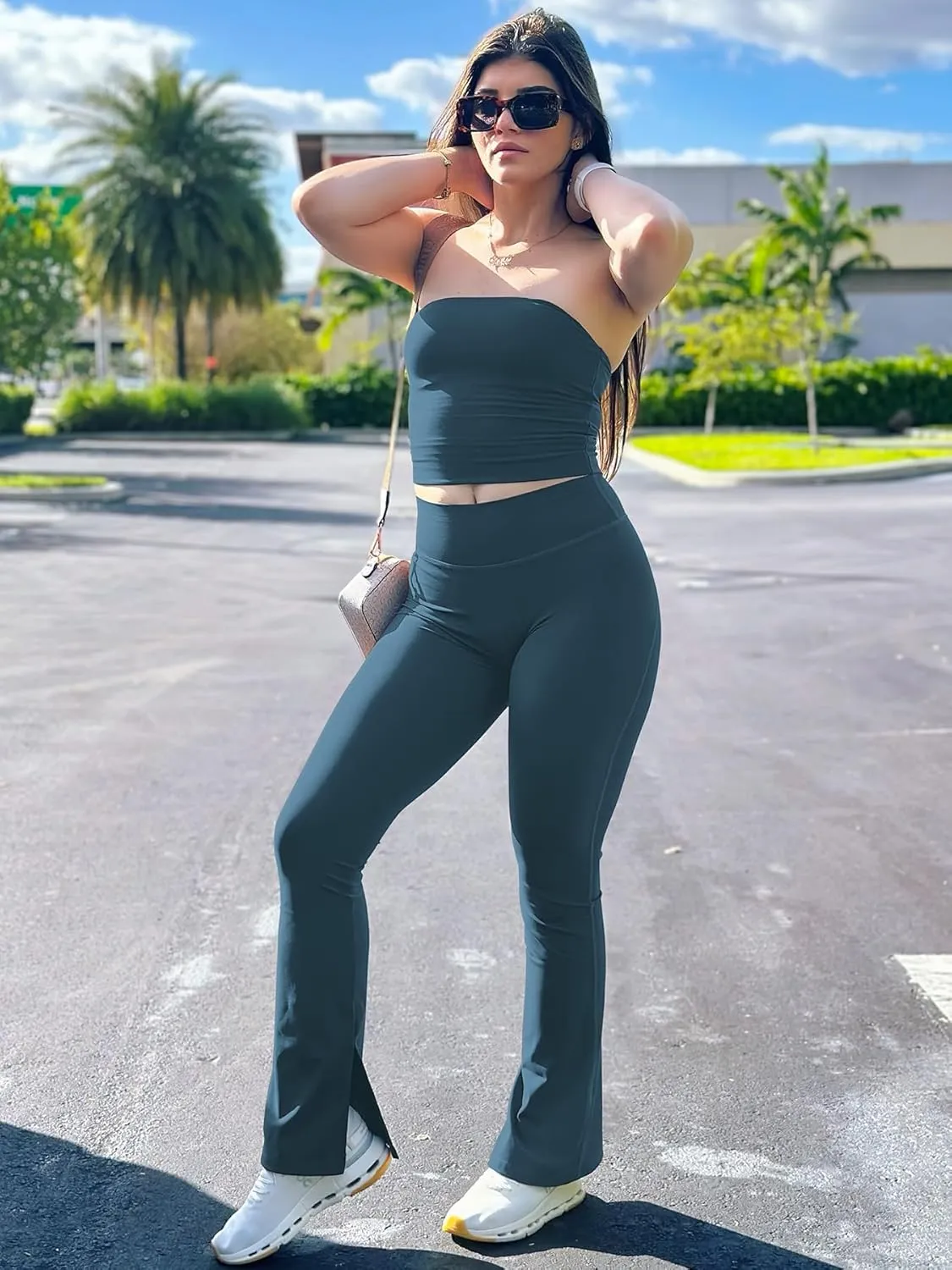 YEOREO Flare Split Hem Leggings for Women Tummy Control Workout Leggings Nasreen Hidden Scrunch Bootcut Gym Yoga Pants