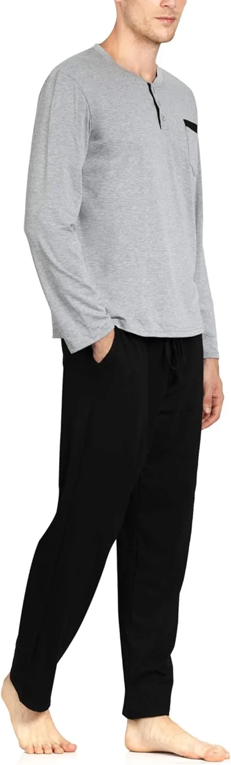 YIMANIE Men's Pajamas Set Soft Cotton Long Sleeves and Pajamas pants Classic Sleepwear Lounge Set