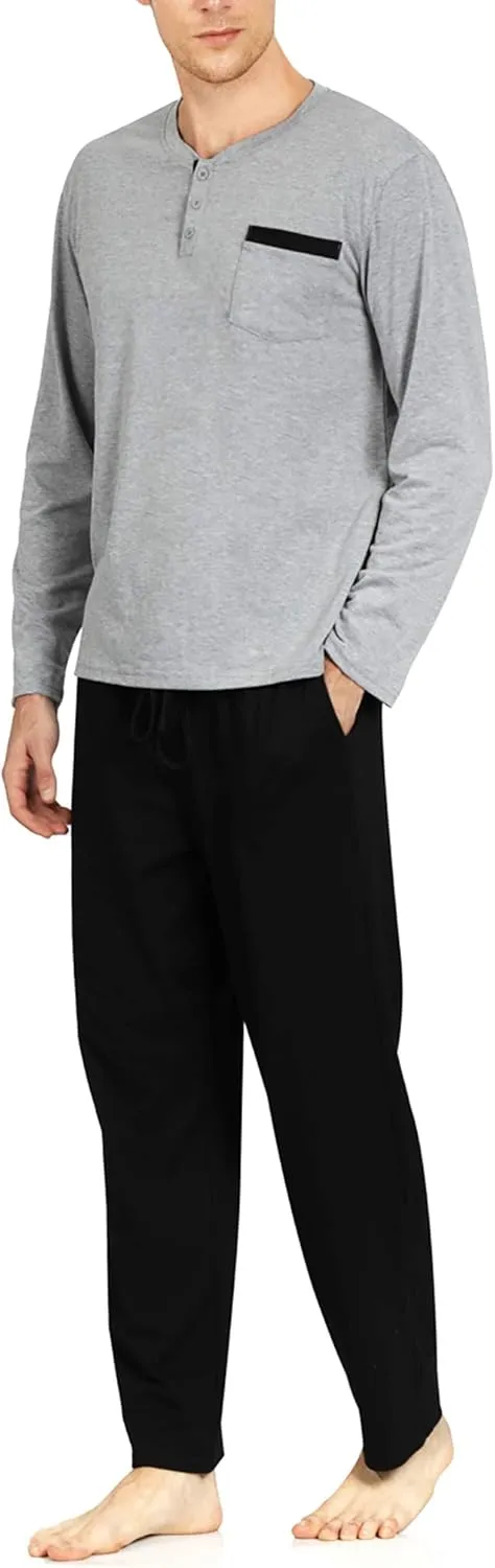 YIMANIE Men's Pajamas Set Soft Cotton Long Sleeves and Pajamas pants Classic Sleepwear Lounge Set