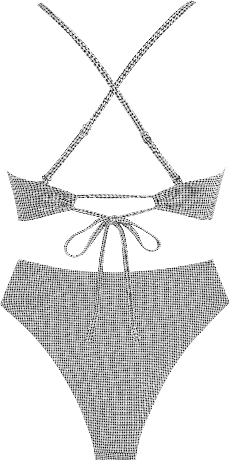 ZAFUL Women's V Neck Bikini Set High Waisted Swimsuits Lace Up Bow Decor Cheeky Two Piece Bathing Suit