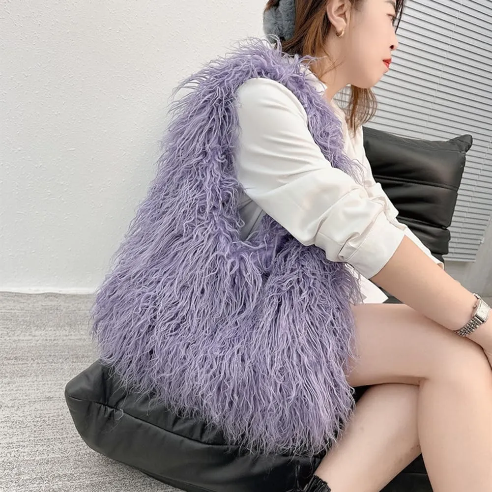 Zcargel Women's Puffy Tote Bag Plush Handbag Tote Bag Faux Fur Fluffy Bag Shoulder Bag Shopping Bag for Large Handy Beach Bag