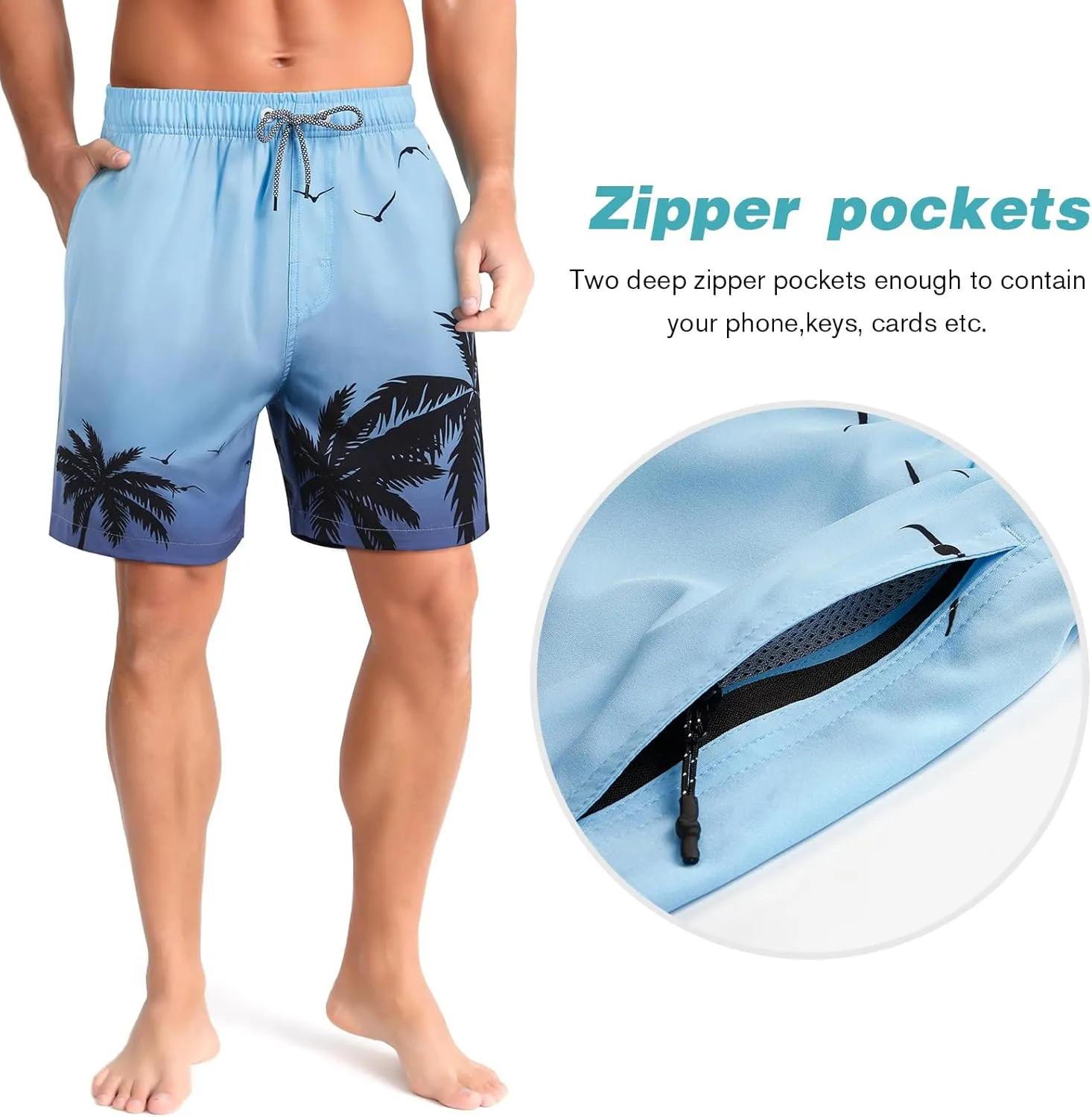 zeetoo Mens Swim Trunks with Compression Liner 5" Inseam Quick Dry Beach Shorts with Zipper Pockets