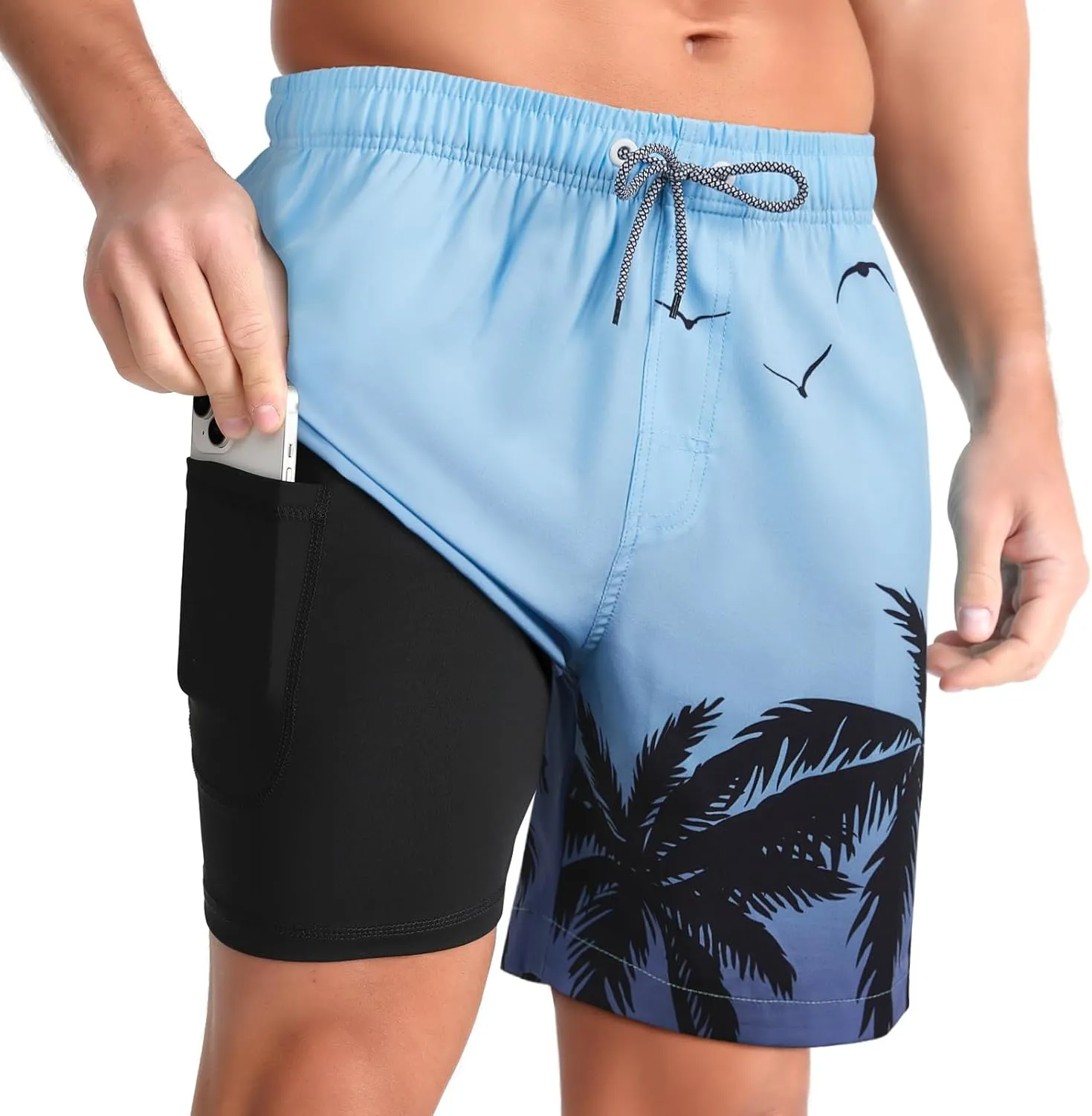 zeetoo Mens Swim Trunks with Compression Liner 5" Inseam Quick Dry Beach Shorts with Zipper Pockets