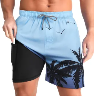 zeetoo Mens Swim Trunks with Compression Liner 5" Inseam Quick Dry Beach Shorts with Zipper Pockets